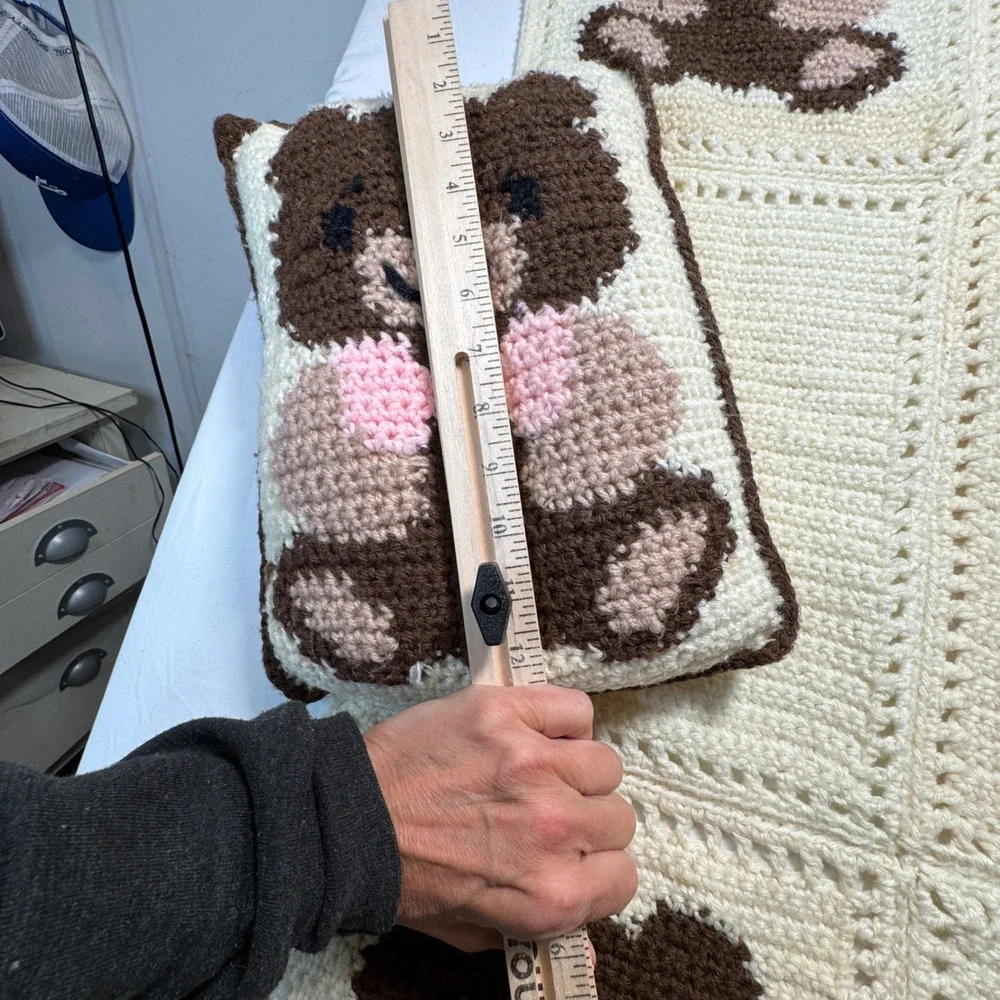 Vintage Crochet Teddy Bear Baby Blanket Pillow Set Handmade Cream Pastel 39 x 32